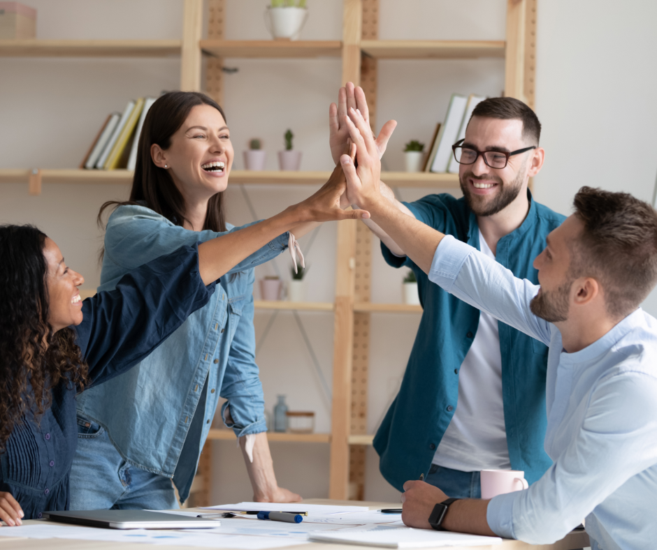 Group of Happy Employees Woman Pointing